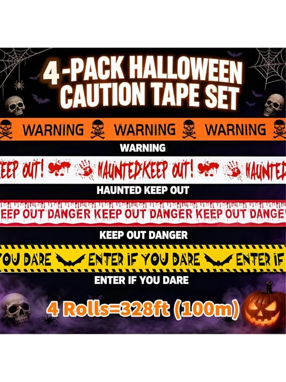 328ft Halloween Caution Tape 4 Pack 3in Warning Tape,82ft/Roll